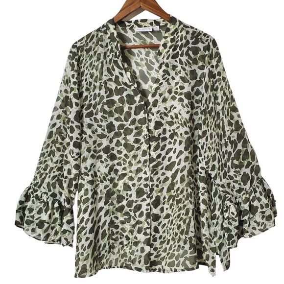 Susan Graver Flounce Bell Sleeve Top Blouse Size 1X Plus Green Printed Womens - Picture 1 of 7